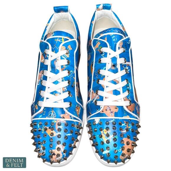 Christian Louboutin Louis Junior Spikes Odyssey Print Blue Leather Sneakers 44.5